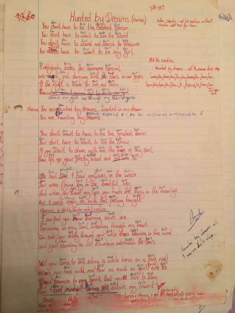 Original handwritten Hunted by Dreams lyric and chord sheet, dated December 1987